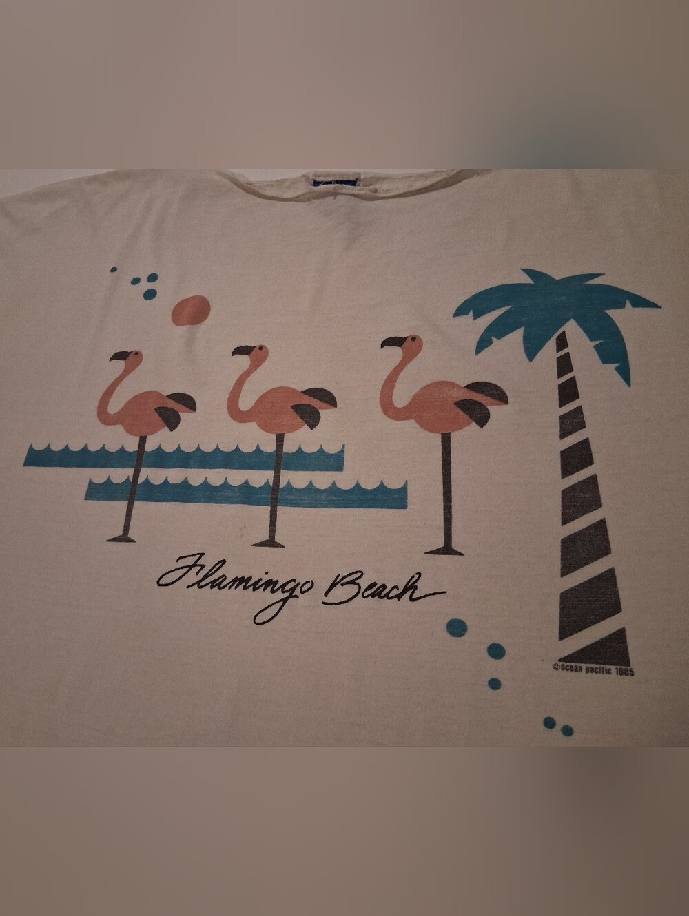VTG 80s OP Ocean Pacific Flamingo Beach One Size T-Shirt Retro Surf Beach Distre - Picture 4 of 11